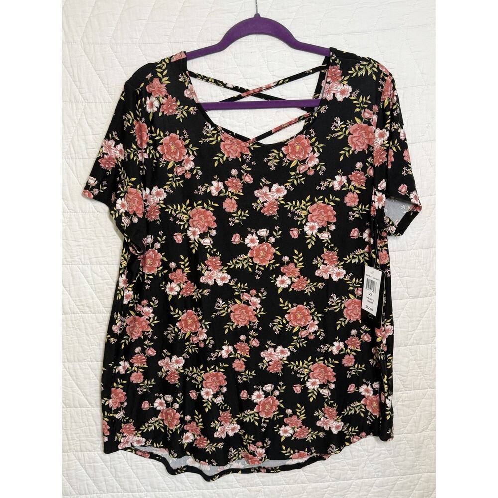Planet Gold NWT Womens Plus Size 2X black floral Print Knit Top